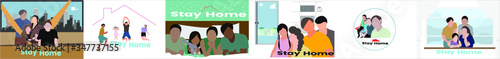 Stay home banner template. Family sitting home. Quarantine or self-isolation. Health care concept. Fears of getting coronavirus. Global viral epidemic or pandemic. Trendy flat vector illustration