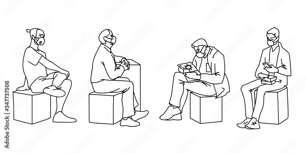 People in medical masks. Vector illustration of masked men in linear style isolated on a white background. Respiratory protection. Facial tissue to prevent diseases, flu, air pollution. Men sitting.