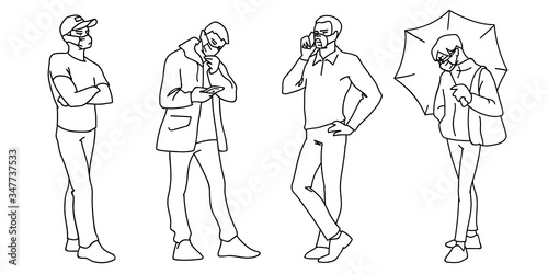 People in medical masks. Vector illustration of masked men in linear style isolated on a white background. Respiratory protection. Facial tissue to prevent diseases, flu, air pollution. Men standing.