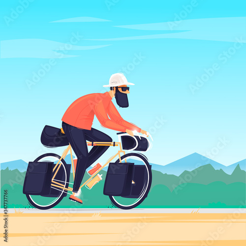Man travels by bicycle, cycling, bikepacking. Flat design vector illustration.	