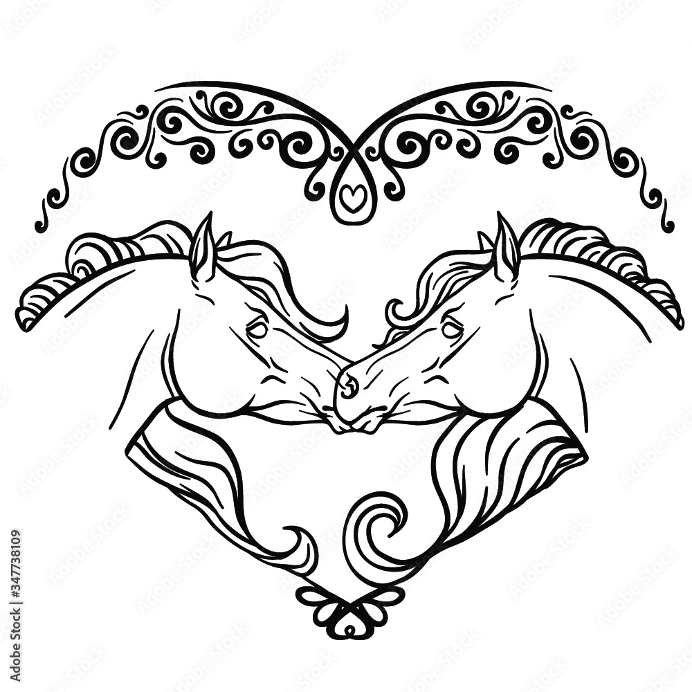 Obraz premium Horses in the heart coloring page. vector illustration.