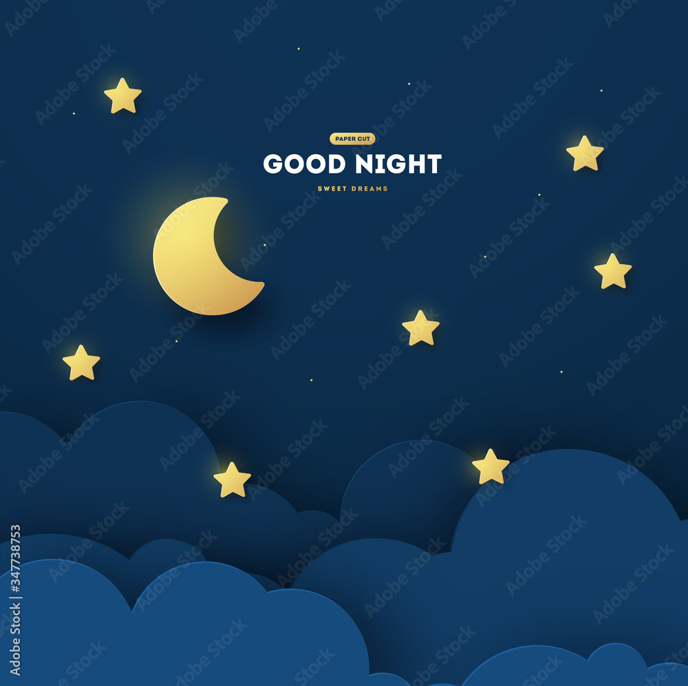 Naklejka premium Sweet dream and Good night concept illustration, Baby shower greeting card, with moon and stars. Invitation Template, vector paper art