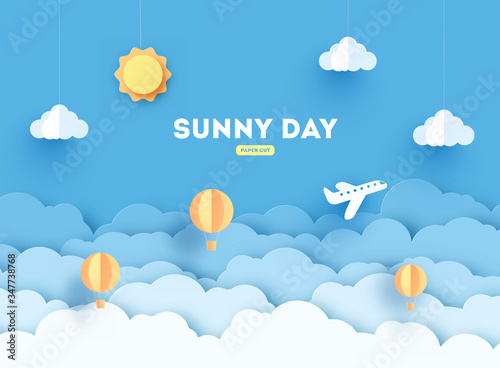 Cloudscape , blue sky with clouds and sun , paper art style. concept. paper cut design with balloons and airplane.