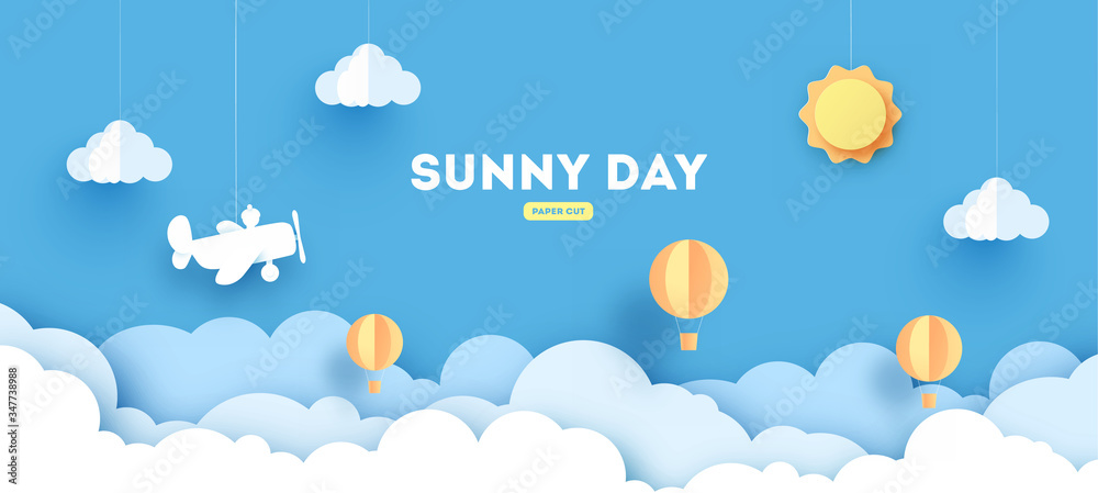 Cloudscape , blue sky with clouds and sun , paper art style. concept. paper cut design with balloons and airplane. - obrazy, fototapety, plakaty 