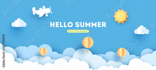 Summer Paper Applique of Symbols, Sign and Objects with Text illustrate the Greeting of the Summertime. Sun Background. Abstract Art Template for Banner, Card, Poster. Design Vector Illustrations