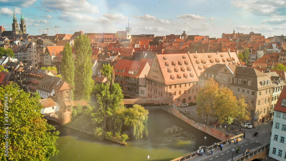 Beautiful aerial vire of Nuremberg medieval city skyline in summer season, Germany
