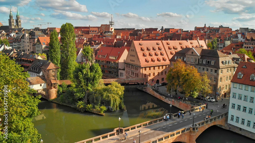 Beautiful aerial vire of Nuremberg medieval city skyline in summer season, Germany