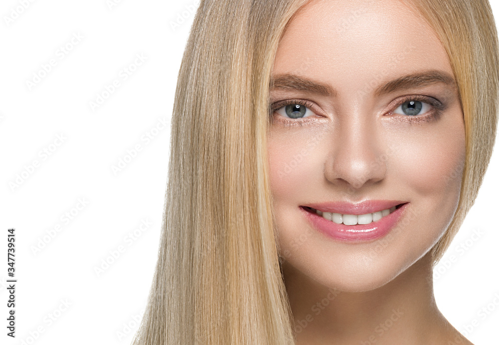 Beautiful woman blonde long smooth hair natural beauty smile happy Beautiful woman blonde long smooth hair natural beauty smile happy