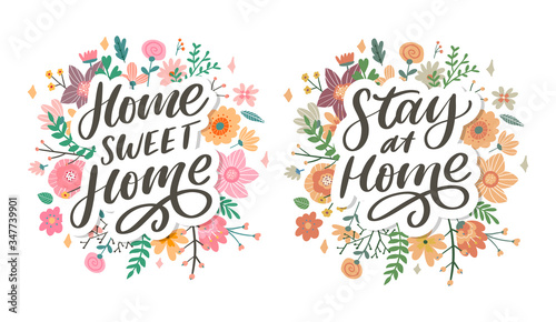 Slogan stay at home safe quarantine pandemic letter text words calligraphy vector illustration