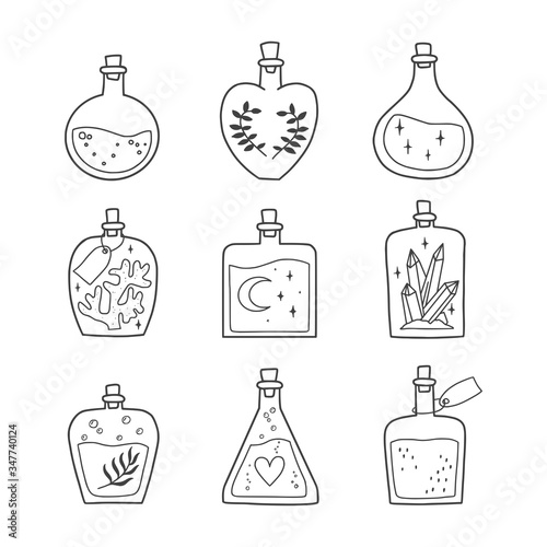 Set of magic bottles. Isolated potions collection. Vector illustration. photo