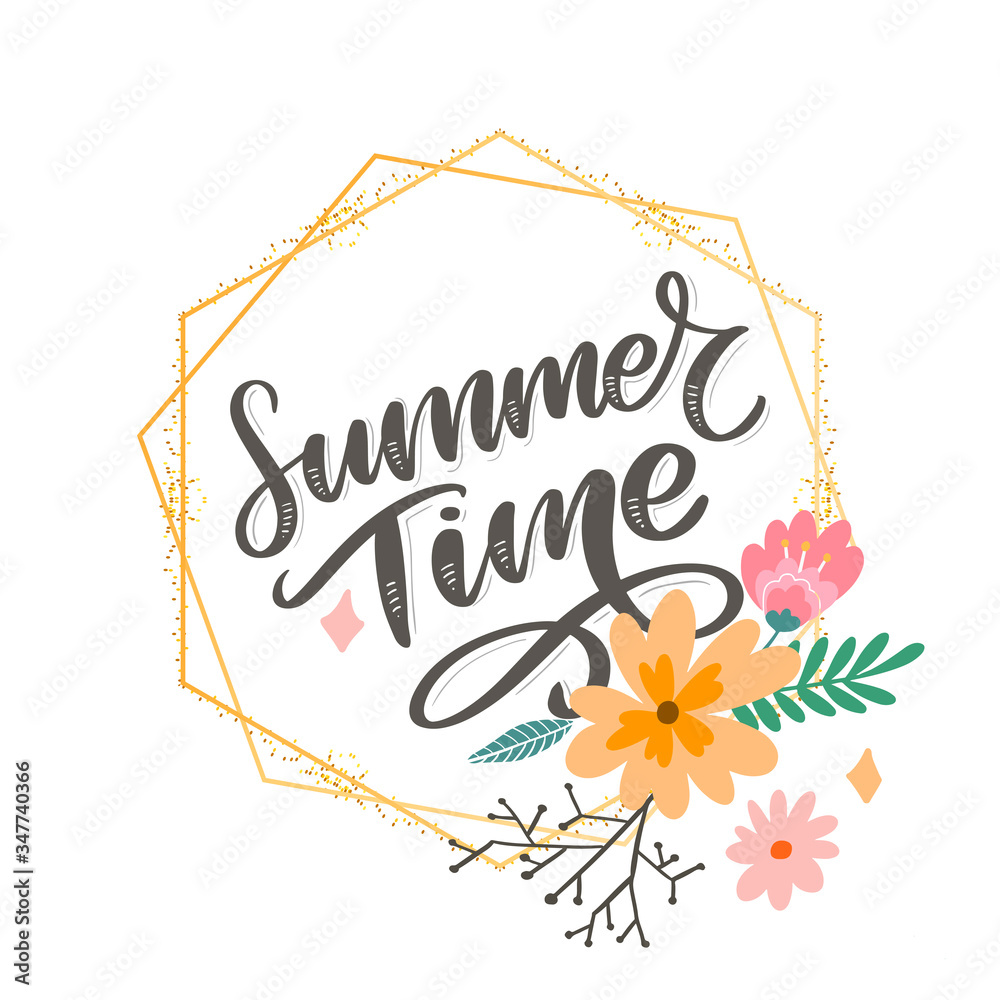 Green summer time letter flowers in modern style on colorful background. Greeting invitation vector illustration. Floral bouquet decoration. Decoration element.