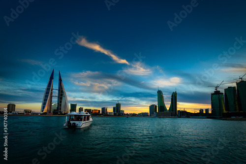 Beautiful view of Bahrain skyline during sunset in the seafront