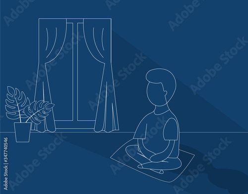 Man practices meditate indoor. quiet place for making concentration. White line art on blue screen background. flat vector. 