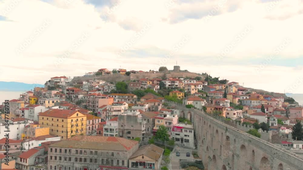 Aerial point of interest shot of Kavala old town and castle in 4K Aerial point of interest shot of Kavala old town and castle in 4K