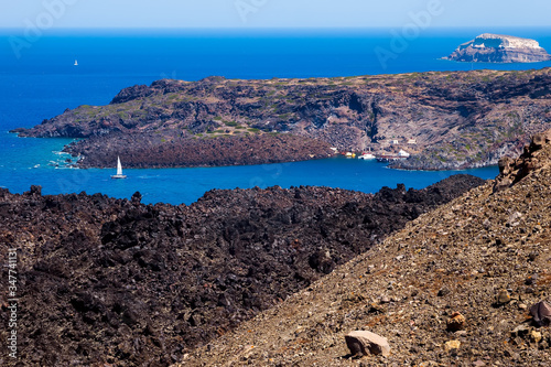 Santorini view from volcano Tholos Naftilos, Cyclades, Greece. photo