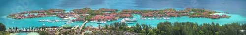 Aerial panoramic view of Mahe coastline, Seychelles Islands. Luxury Eden Island from Victoria viewpoint on a sunny day