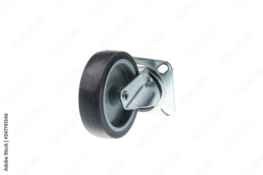 Metallic dolly wheel with gray plastic core and rubber tire, isolated on white background