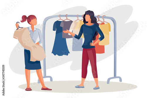 a woman in trousers and with a red bag in a store wants to buy a dress, the seller a woman offers her options, vector image,