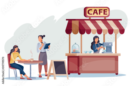 a woman sits on the street at a stokiokm next to a cafe and the waiter serves it, the seller stands at the cash desk in a cafe, vetory illustration,