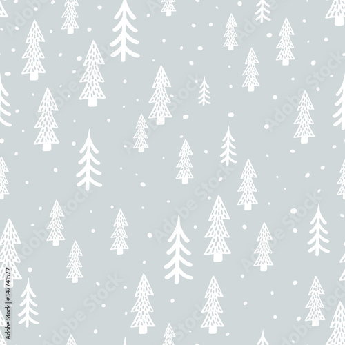 Winter forest scandinavian hand drawn seamless pattern. New Year, Christmas, holidays gray texture with fir tree for print, paper, design, fabric, decor, gift wrap, background. Vector illustration