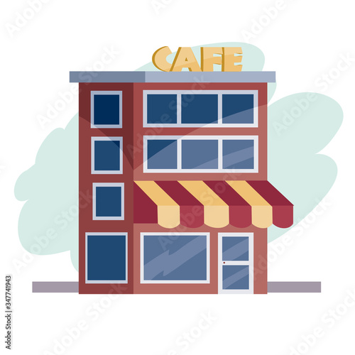 Fototapeta Naklejka Na Ścianę i Meble -  high-rise building in red on color on the ground floor of which is a cafe, isolated object on a white background, vector illustration,