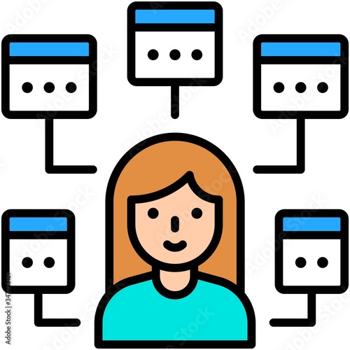 Multitasking icon, woman with five window task
