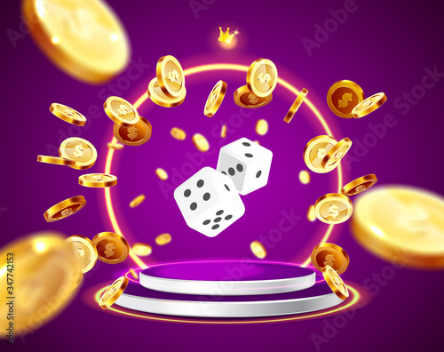 The word Casino, surrounded by a luminous frame and attributes of gambling, on a explosion background.