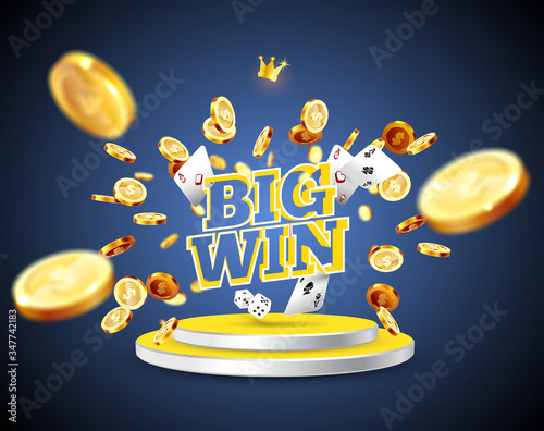 The word Big Win, surrounded by a luminous frame and attributes of gambling, on the podium, on a explosion coins background