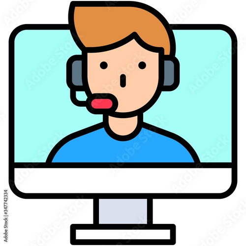 Man with headphone in monitor, video call vector
