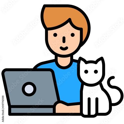 Man working on laptop with cat, work from home