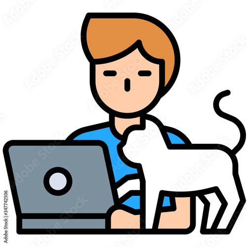 Man working on laptop with cat, work from home