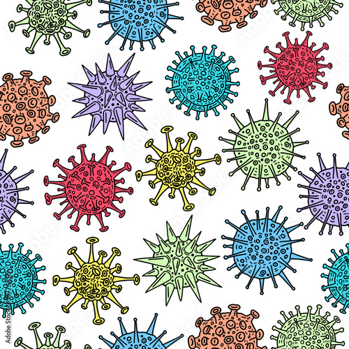 Different kinds of virus, sketch collection. Hand drawn illustration of seamless pattern. Respiratory virus infection. Corona virus. Covid19 and other viruses.