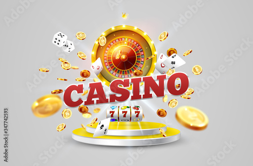 The word Casino, surrounded by a luminous frame and attributes of gambling, on a explosion background.