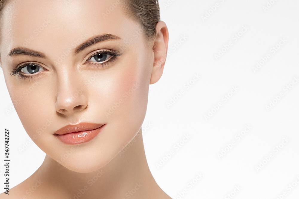 Beauty woman face profile clean healthy skin natural make up isolated on white Beauty woman face profile clean healthy skin natural make up isolated on white