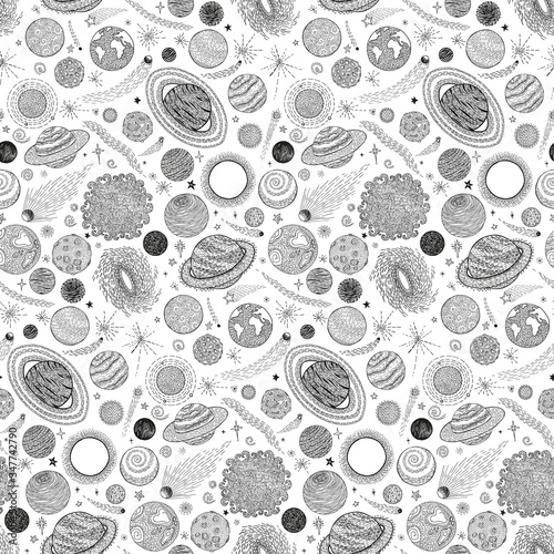 Space doodles set. Sketch space planets, hand drawn. vector pattern