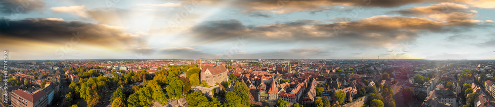 Nuremberg cityscape aerial view from city castle on a beautiful sunset