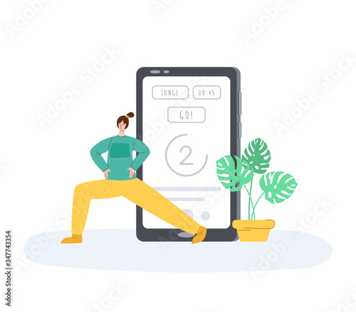 The girl doing sports exercises at home, mobile application for online training or wokout. Woman doing lunges next to smartphone or device screen. Indoor sport for self-isolation time. Vector isolated