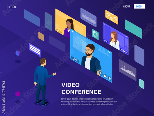 The concept of modern video conferencing and remote work. The boss manages the company through video communication. Online meeting. Webinar. Video communication service. Great as a landing page Vector