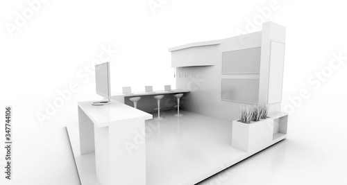 Corporate booth, isolated on white, with copy space. Original 3d rendering