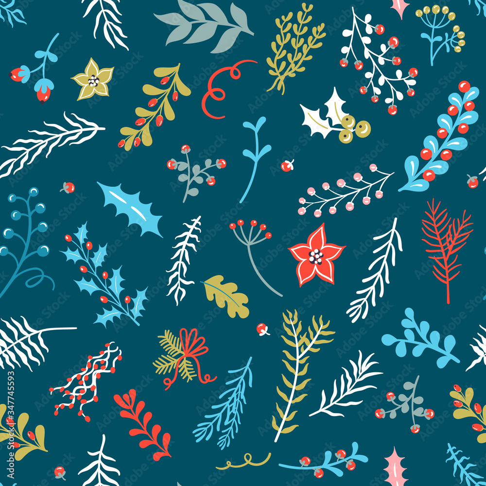Scandinavian cozy Christmas seamless pattern with cute hand drawn floral elements Scandinavian cozy Christmas seamless pattern with cute hand drawn floral elements