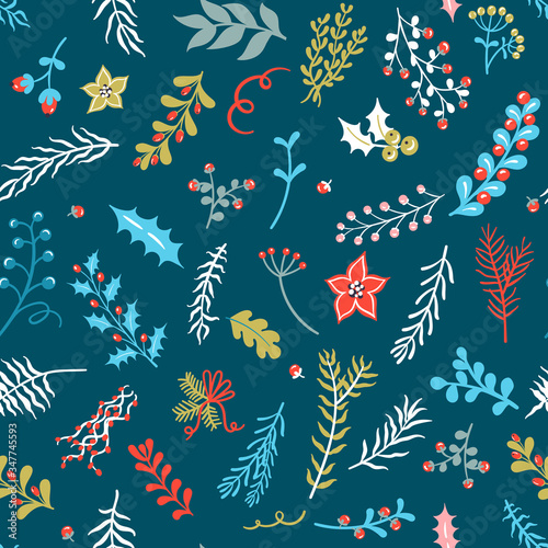Scandinavian cozy Christmas seamless pattern with cute hand drawn floral elements