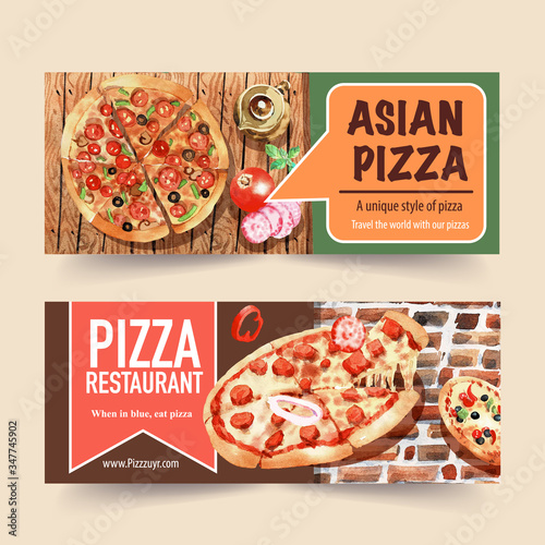 Pizza banner design with Asian pizza watercolor illustration.
