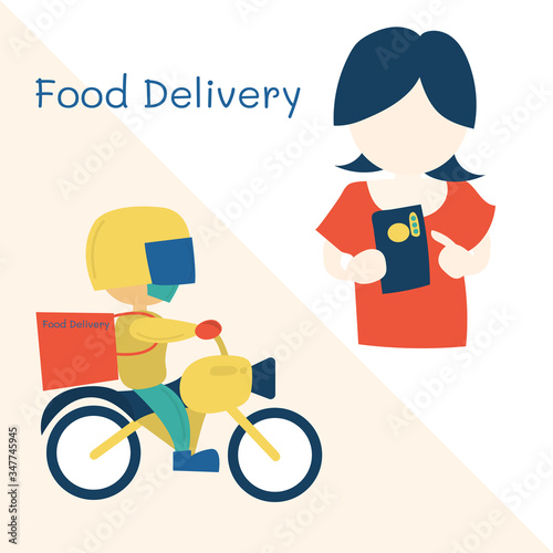 Delivery man ride Motorcycle and Order from phone