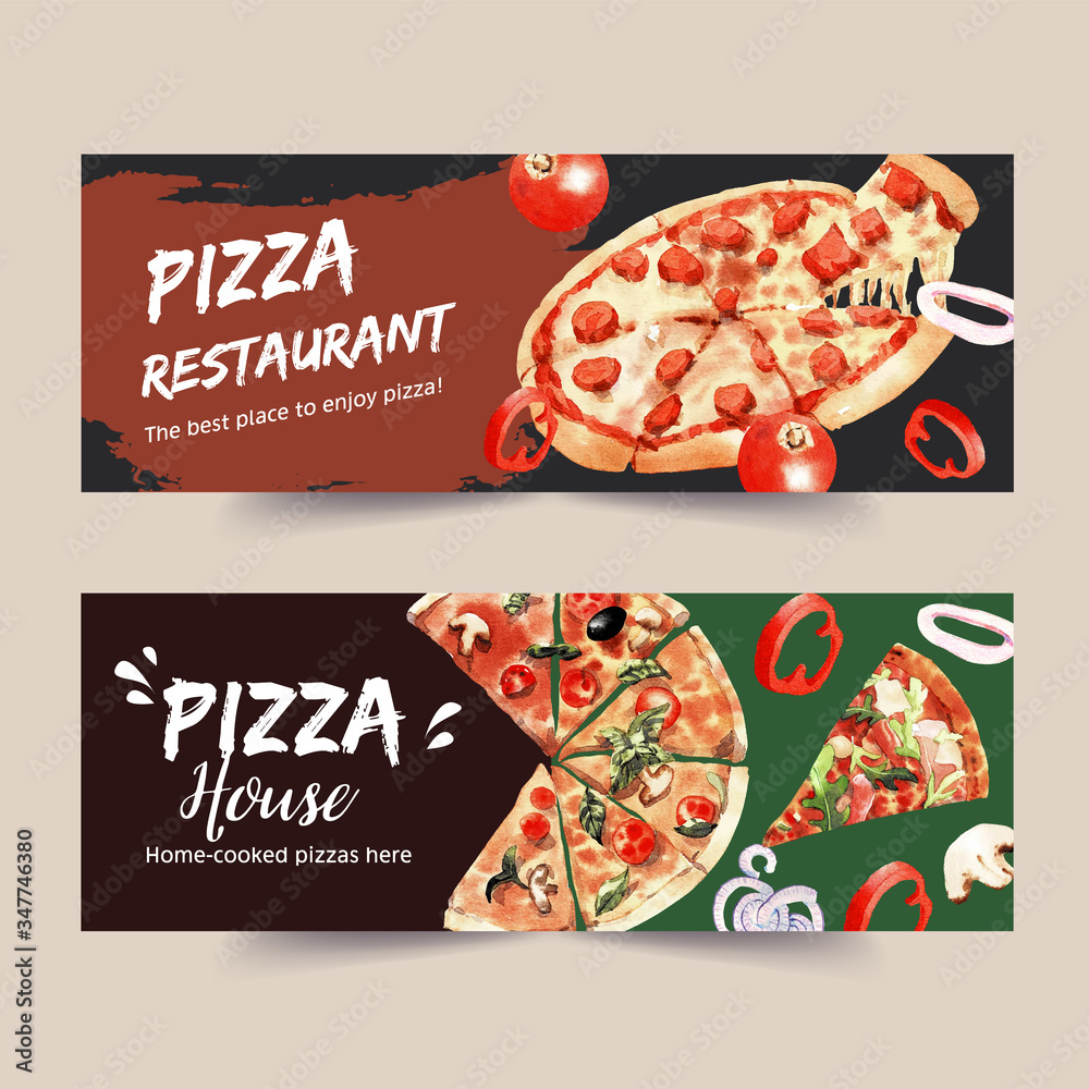 Pizza banner design with pizza, sandwich watercolor illustration. Stock