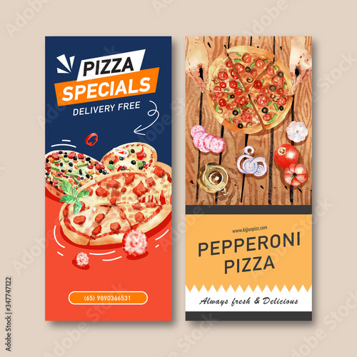 Pizza flyer design with pepperoni pizza, tea pot watercolor illustration.