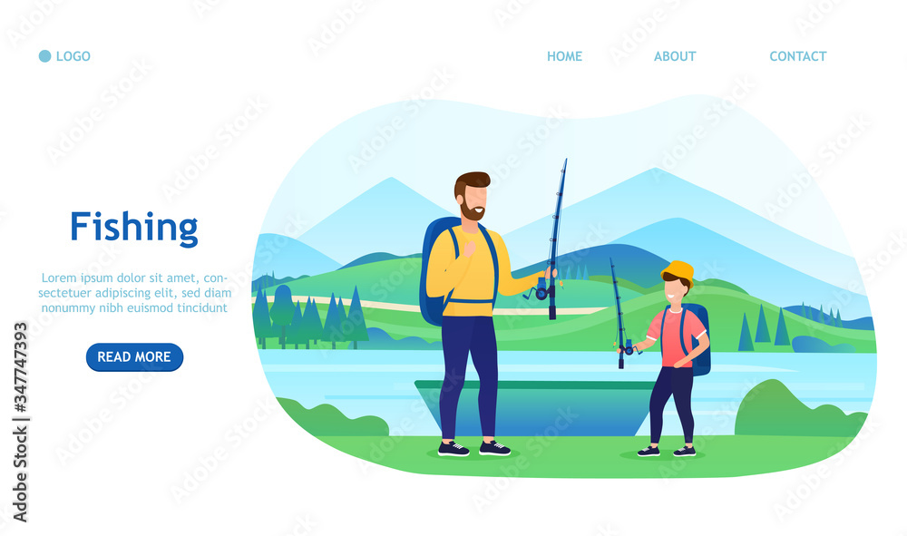 Father and son spend time together. Family fishing. Active lifestyle, sports, local tourism, leisure. Happy childhood. Colorful Illustration suitable for landing page or banner for website.Flat Vector Father and son spend time together. Family fishing. Active lifestyle, sports, local tourism, leisure. Happy childhood. Colorful Illustration suitable for landing page or banner for website.Flat Vector