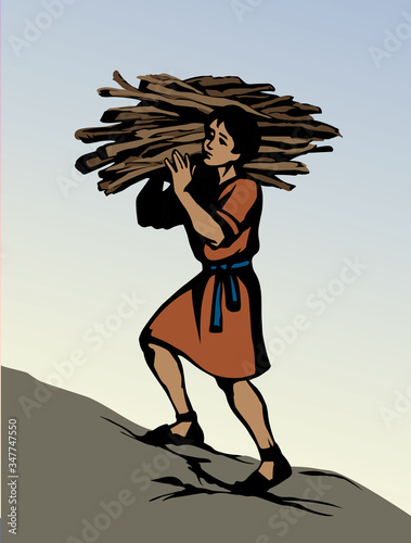 Man carries firewood. Vector drawing