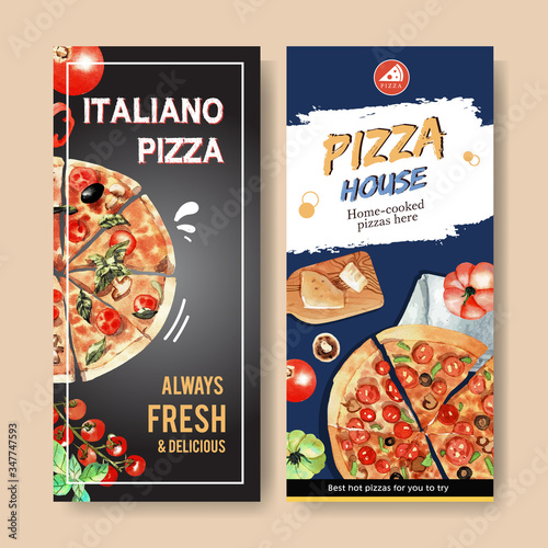 Pizza flyer design with tomato, pizza, cheese watercolor illustration.