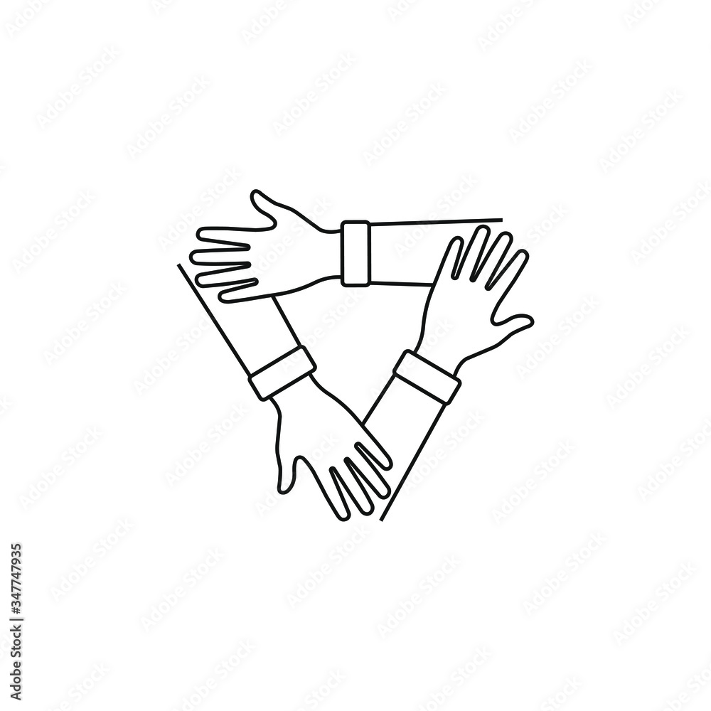 Teamwork icon. 3 hands hold on each other isolated on white background. Vector illustration