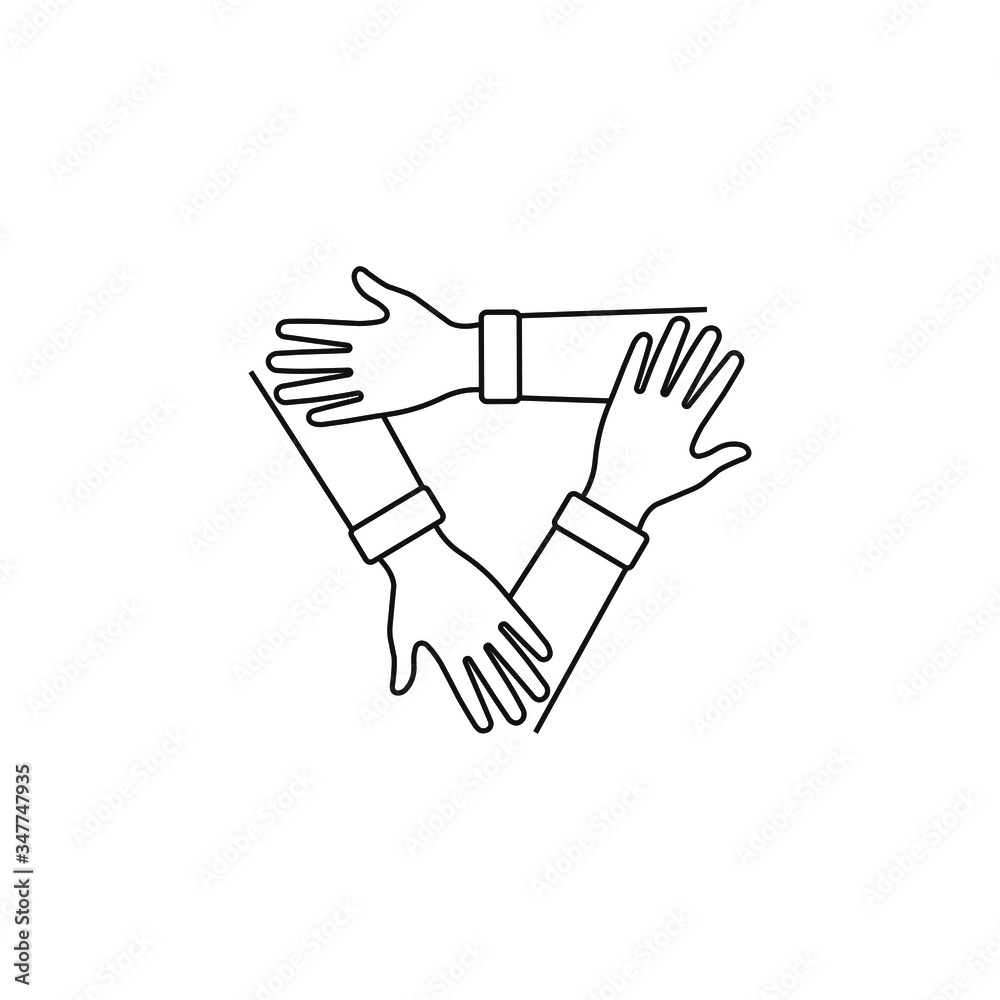 Teamwork icon. 3 hands hold on each other isolated on white background. Vector illustration Teamwork icon. 3 hands hold on each other isolated on white background. Vector illustration